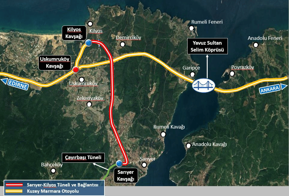 Map of Istanbul showing Yavuz Sultan Selim Bridge, Northern Marmara Motorway, and Sarıyer-Kilyos Tunnel.