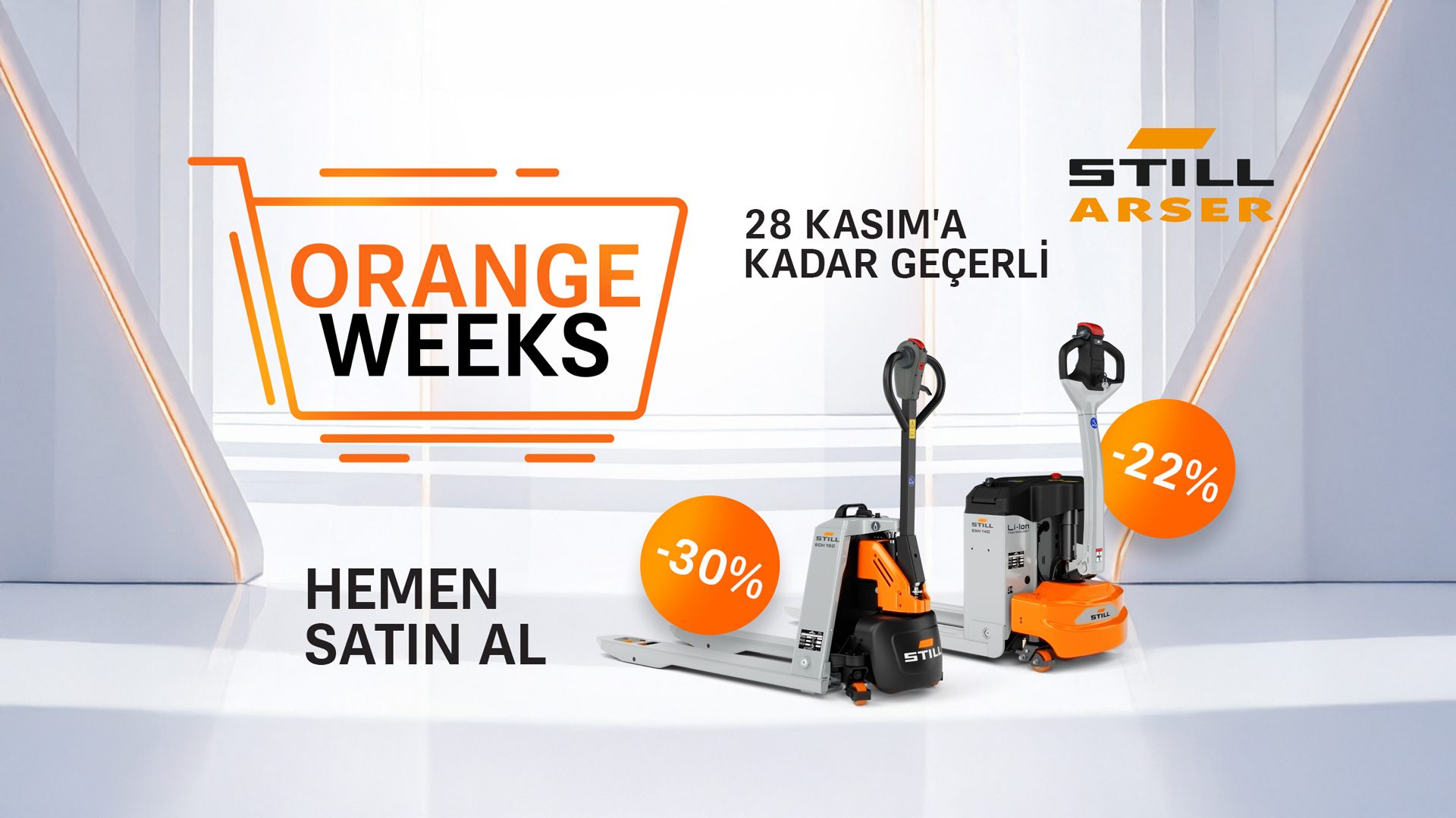 Still Arser 'Orange Weeks' sale: Pallet trucks with up to 30% off, valid until Nov 28.