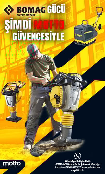 Ad: Worker uses BOMAG tamping rammer. Text: "BOMAG Power, Now with Motto Assurance."