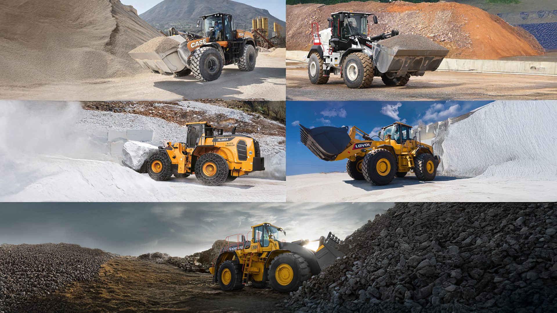 Collage of heavy wheel loaders (Case, Hyundai, Lovol, Volvo) moving gravel, sand, and rock.