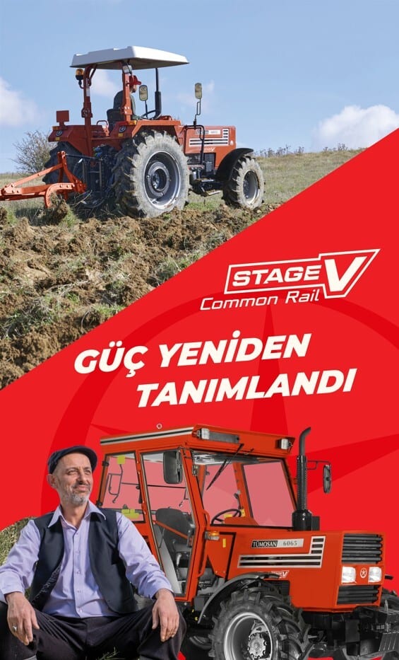 Tümosan tractors: one plowing in a field, another with a farmer, promoting "Stage V Common Rail: Power Redefined."