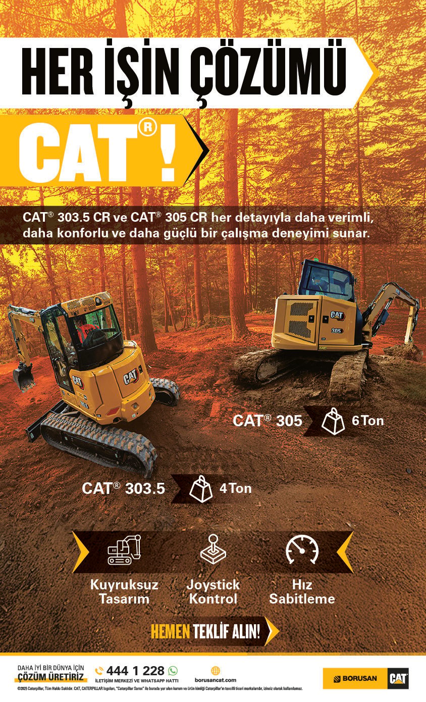 CAT 303.5 (4-ton) and 305 (6-ton) excavators in a forest, with product features and contact info.
