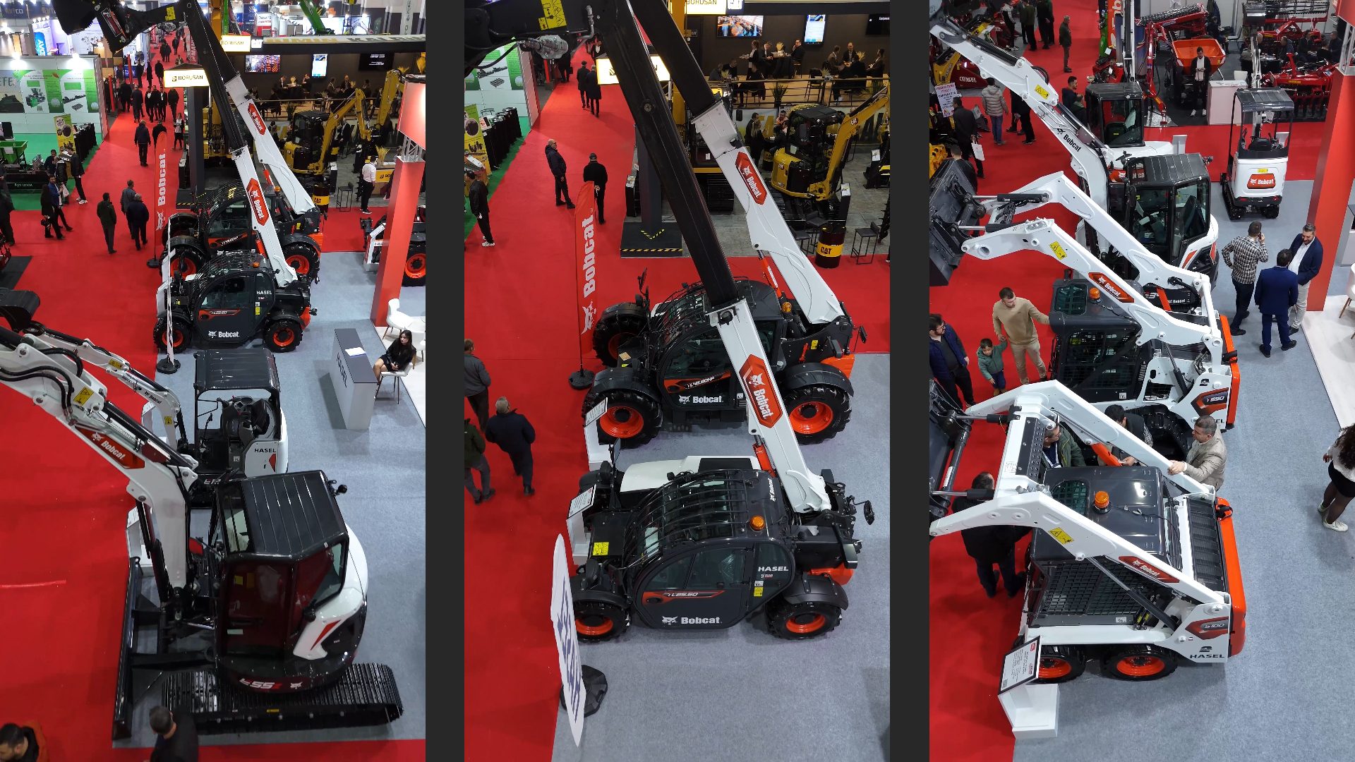Overhead view of an exhibition hall filled with construction machinery like excavators and telehandlers, with people.