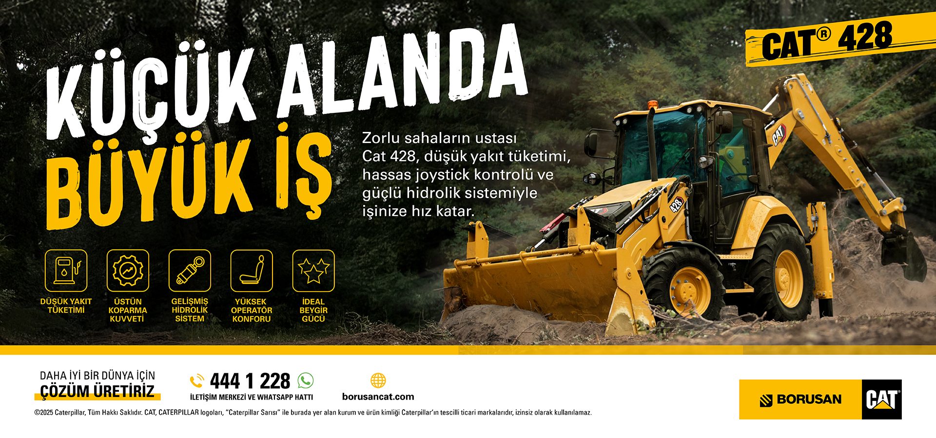 Yellow CAT 428 backhoe loader at work, slogan: "Big Job in a Small Area."