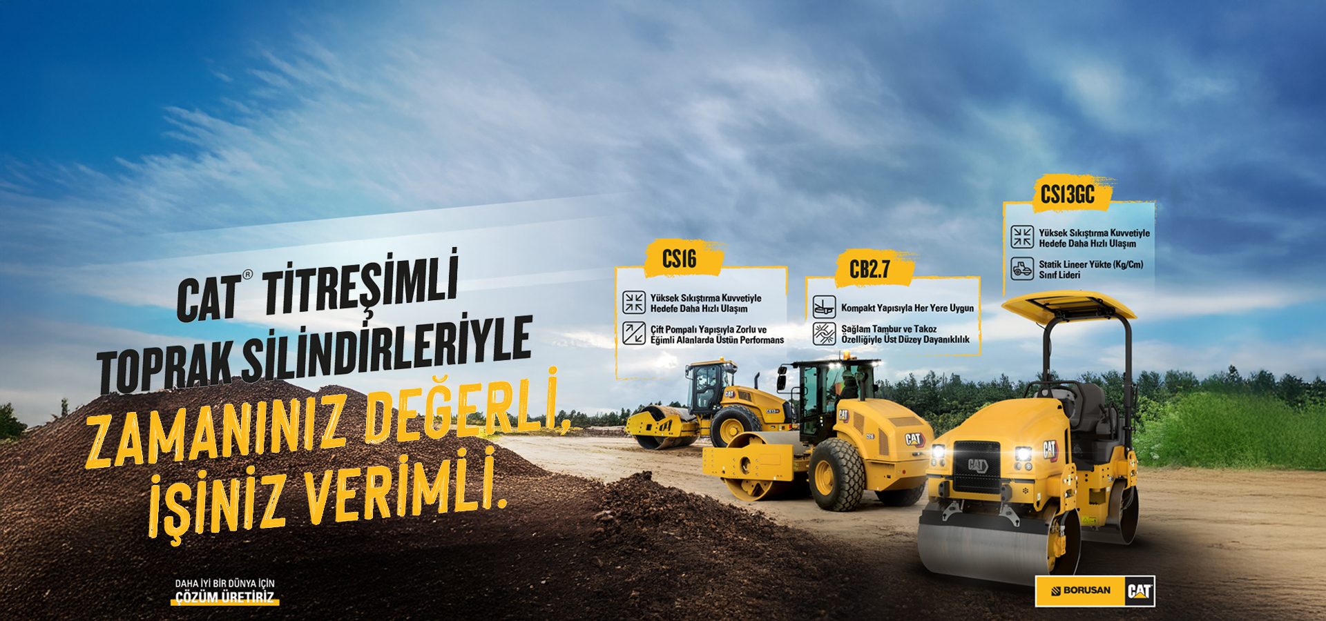 Three yellow CAT vibratory soil compactors (CS16, CB2.7, CS13GC) on a construction site.