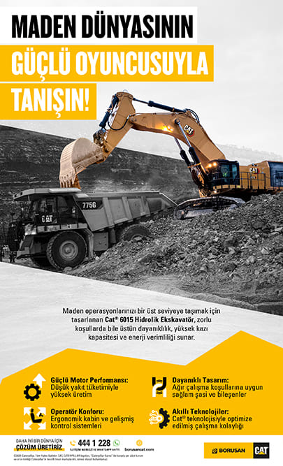CAT excavator loading a dump truck in a mine, with ad text: "Meet the powerful player of the mining world!"