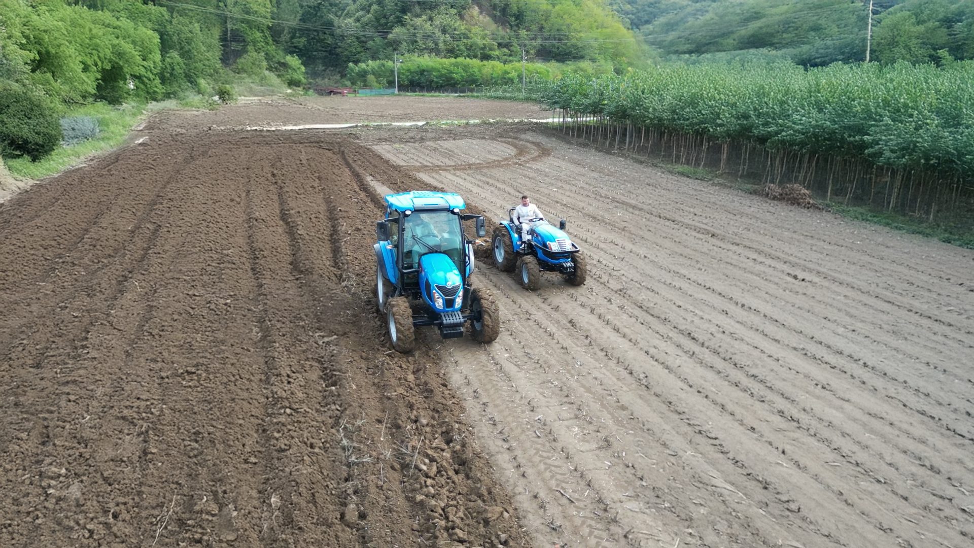 Two blue tractors, one plowing, in an agricultural field with a farmer and trees.
