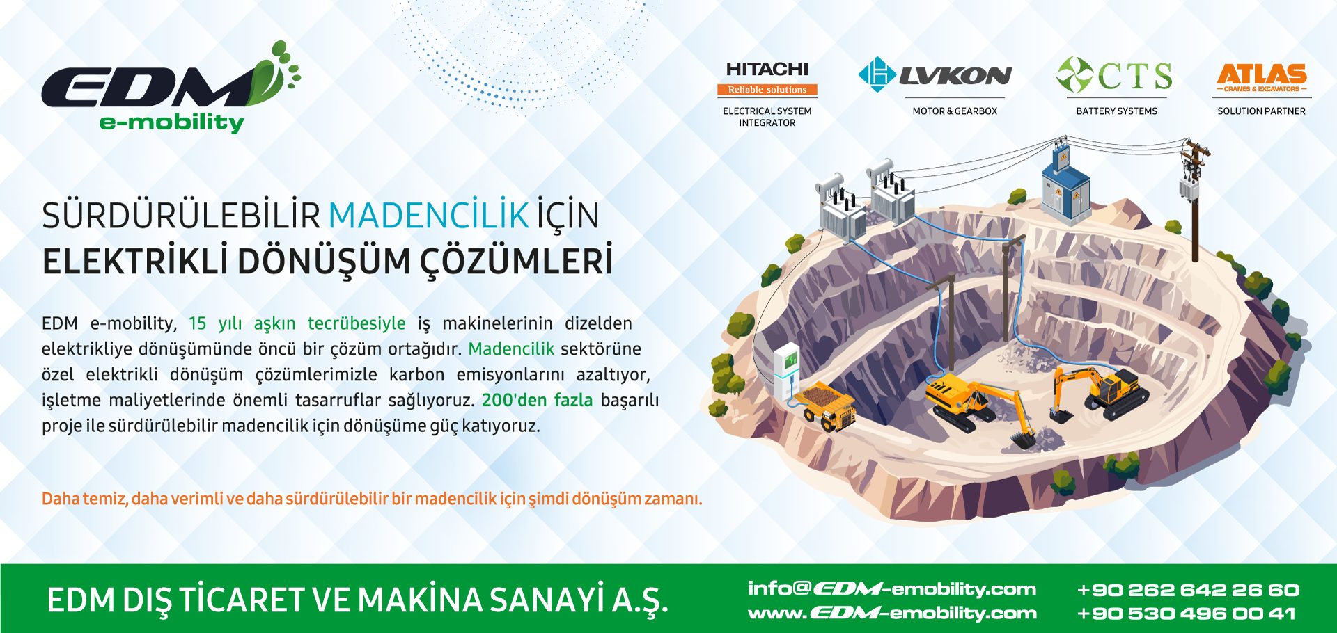 Illustration of electric mining equipment in a pit, promoting sustainable conversion solutions.