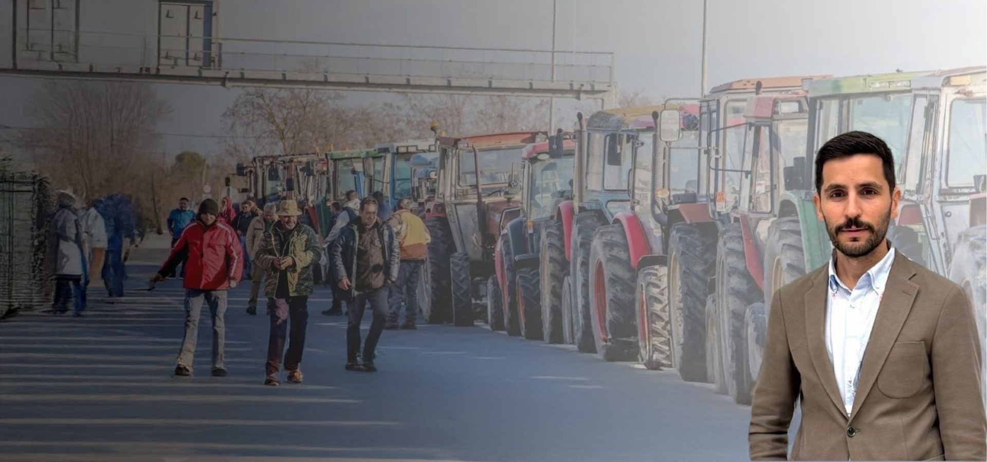 Man in a suit over a blurred image of people and tractors, suggesting a farmers' protest.