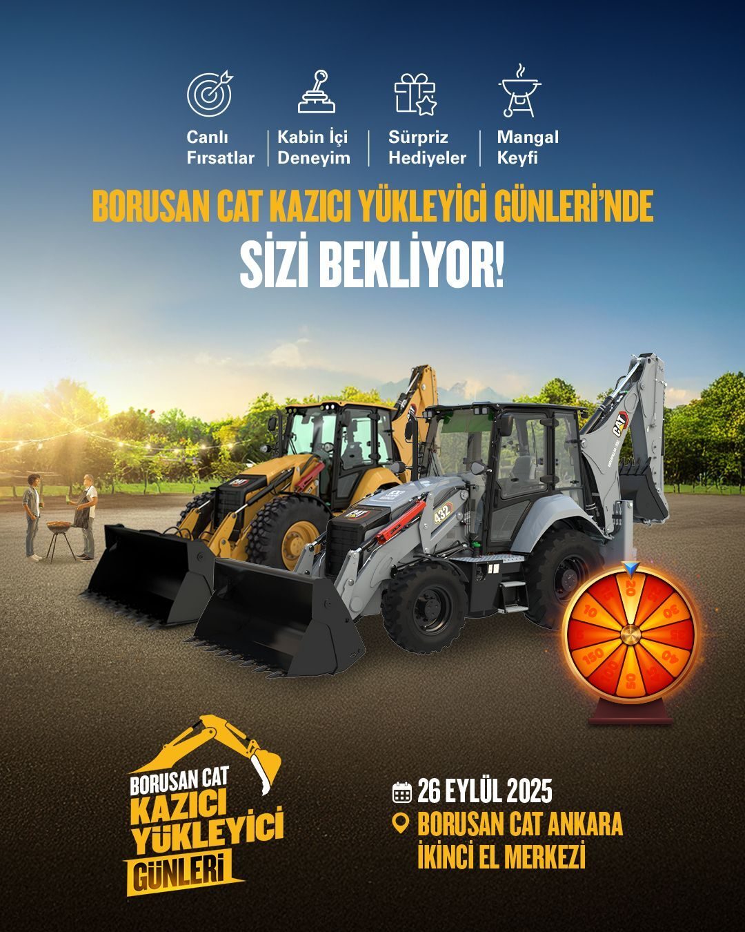 Borusan CAT event poster with excavators, a prize wheel, barbecue, and event details.