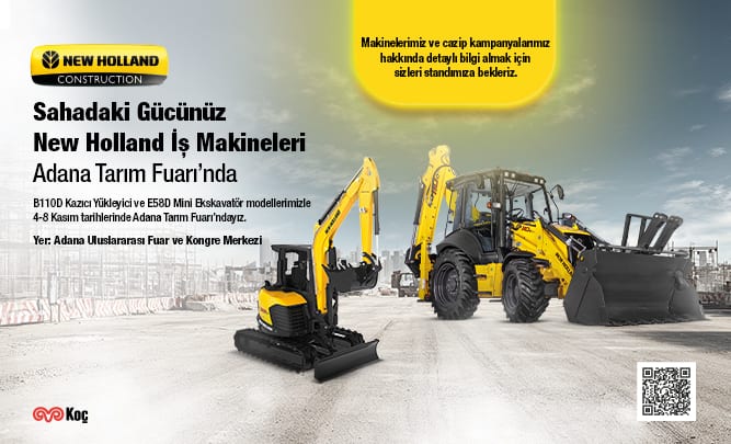 New Holland Construction ad: B110D backhoe and E58D mini excavator at Adana Agricultural Fair.