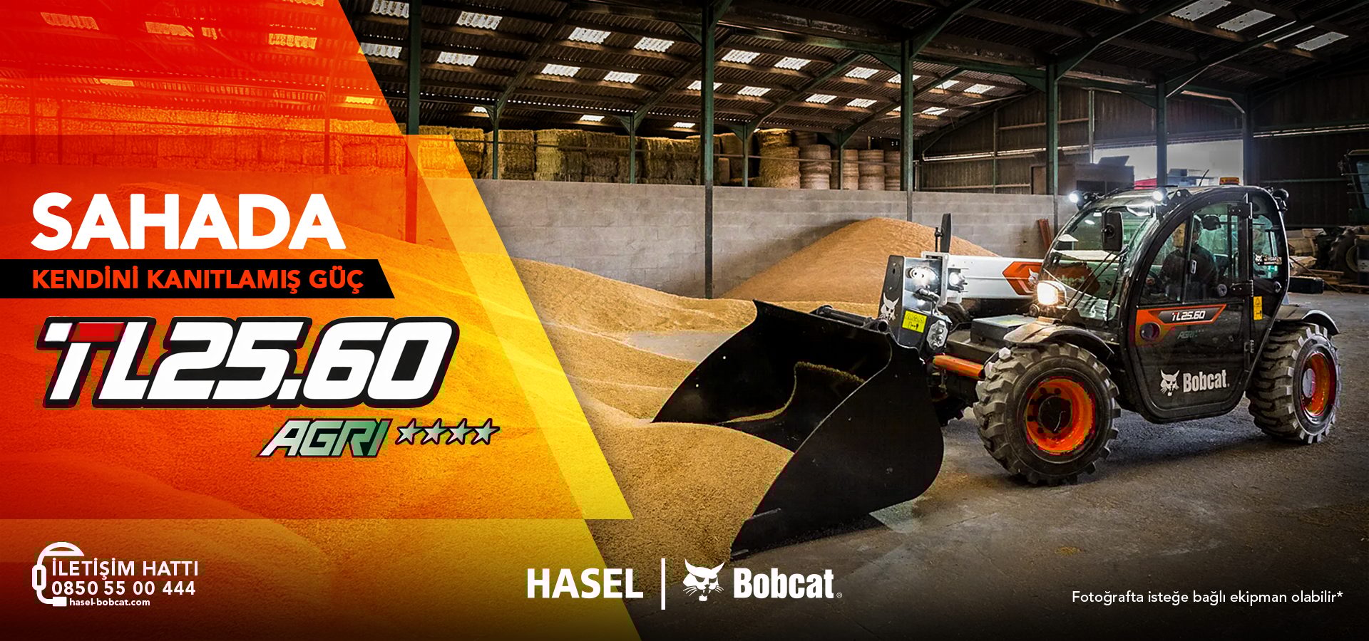 Bobcat TL25.60 telehandler with a bucket, in a barn filled with grain. Text: "Proven Power".