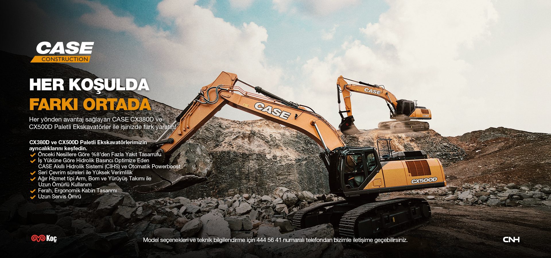 Two yellow Case excavators on a rocky construction site, with Turkish text promoting their features.
