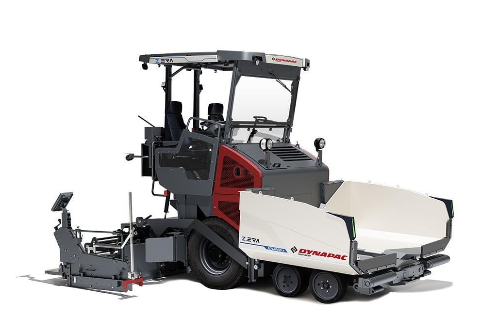 A Dynapac ZERA SD1800We electric asphalt paver, grey, red, and white, on a white background.