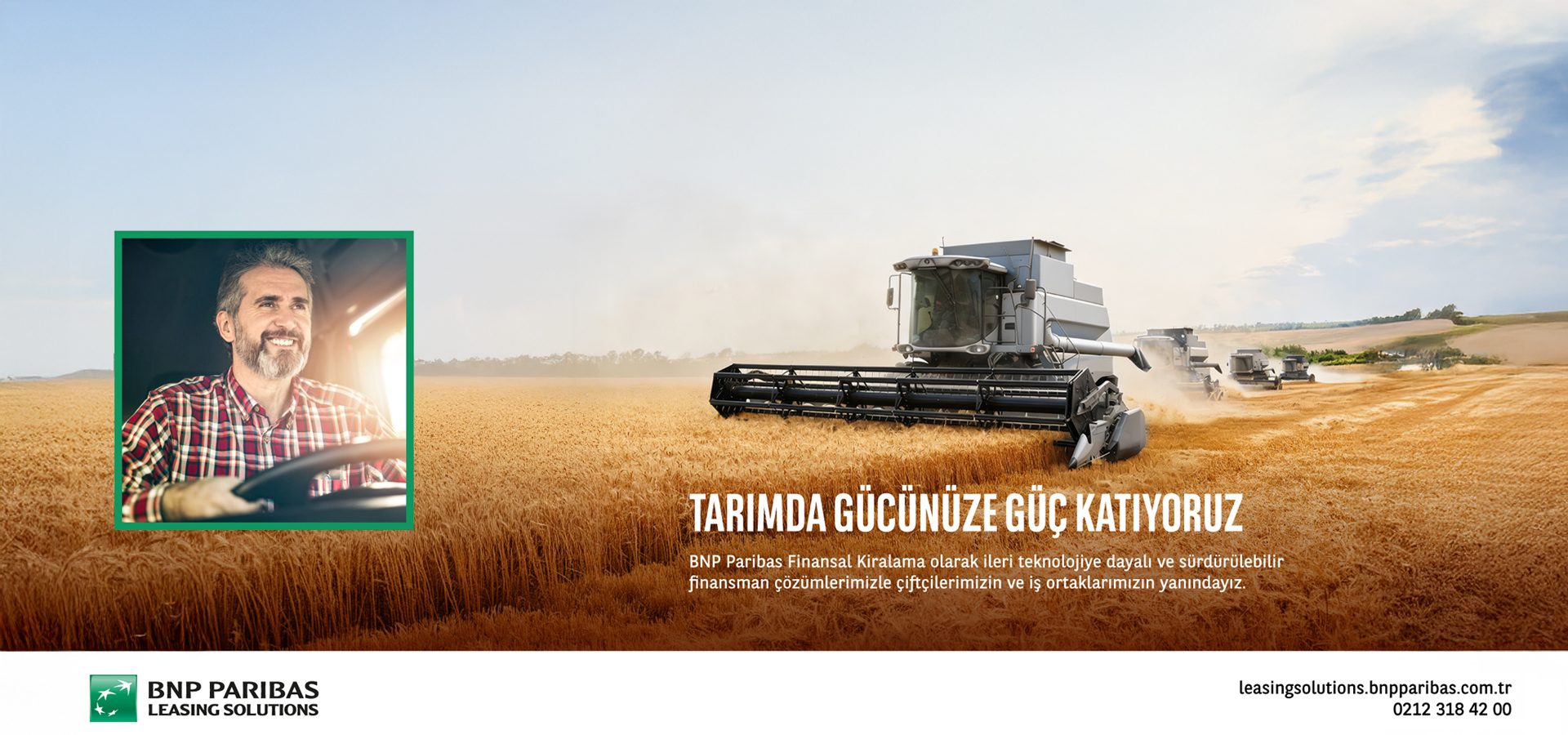 Smiling farmer in a tractor and combines harvesting wheat in a field, BNP Paribas Leasing Solutions.