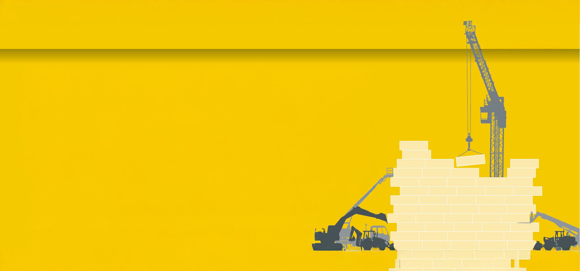 Yellow-themed construction scene: crane, machinery, and blocks forming a structure.