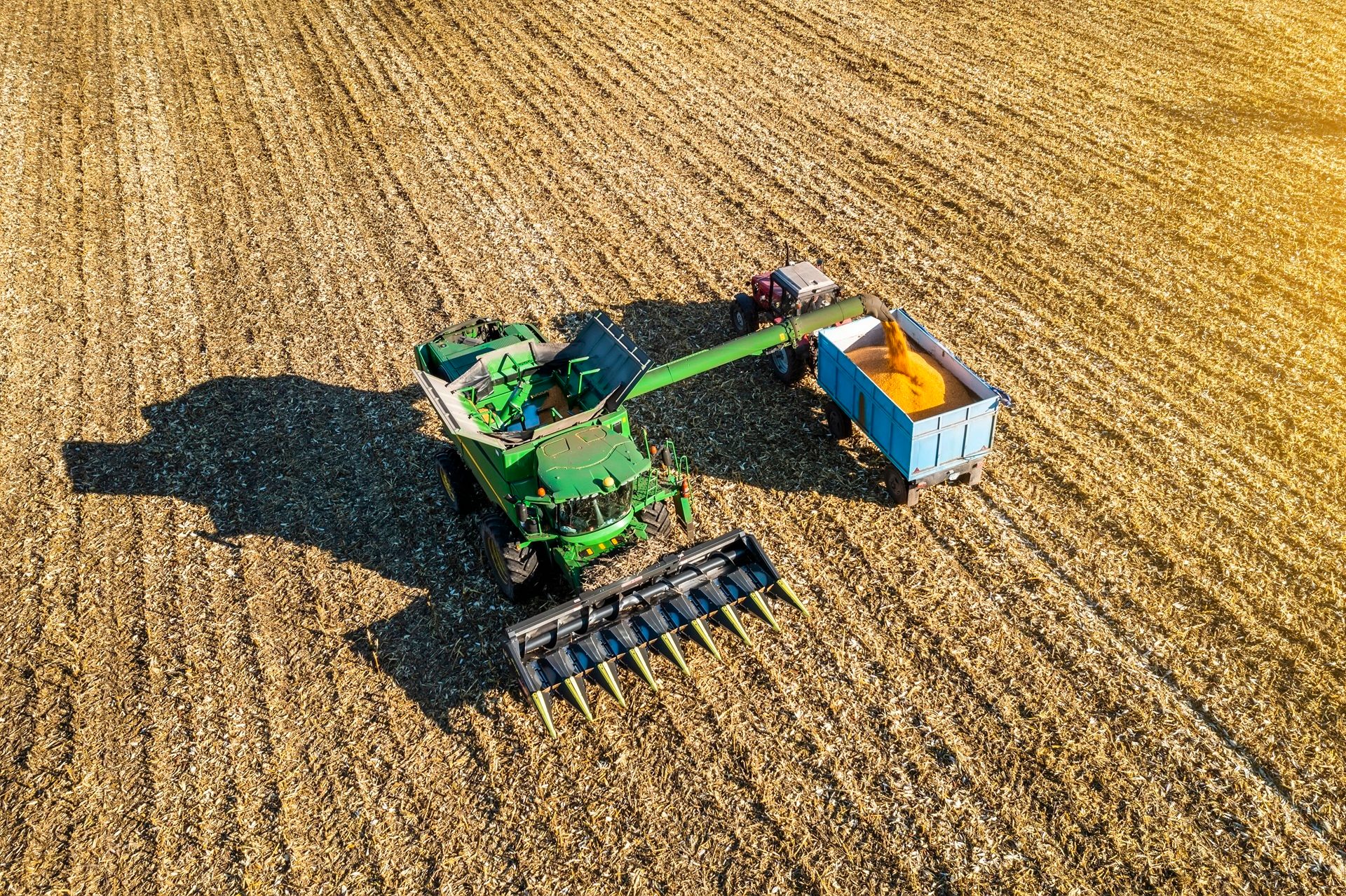 Aerial view: combine harvester unloads corn into a tractor trailer in a harvested field.