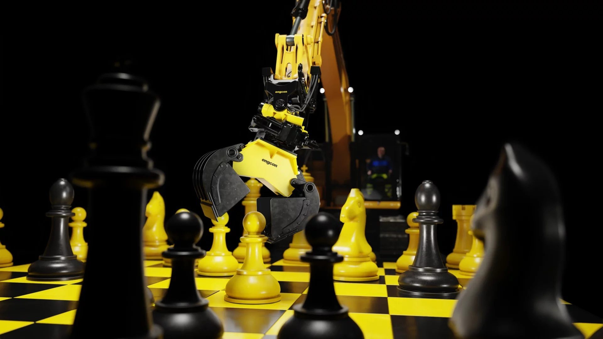 Yellow excavator arm with "engcon" grabber plays chess on a black/yellow board, operator visible.