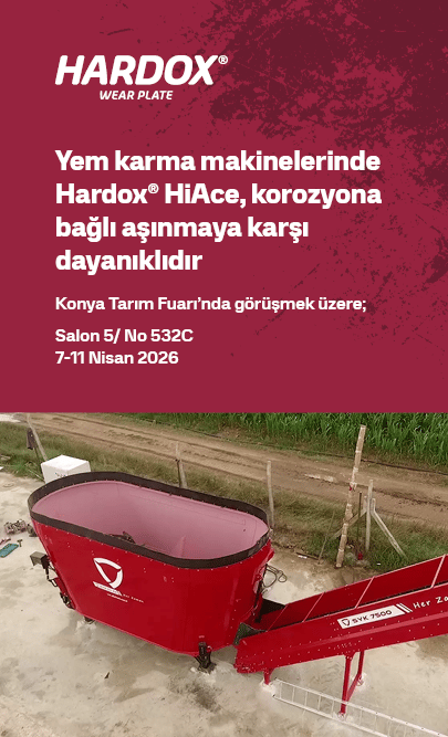 A red Hardox feed mixer with a conveyor belt, advertising its corrosion resistance and presence at Konya Agriculture Fair.