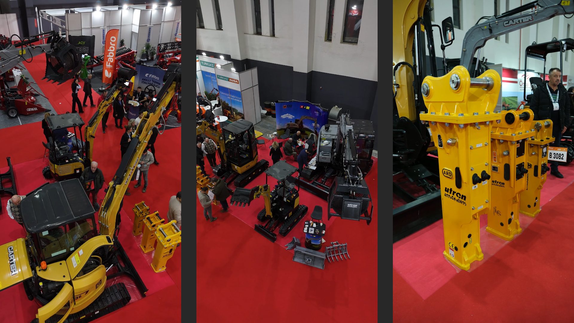 An overhead view of an exhibition hall filled with yellow excavators and hydraulic breakers, with people browsing.