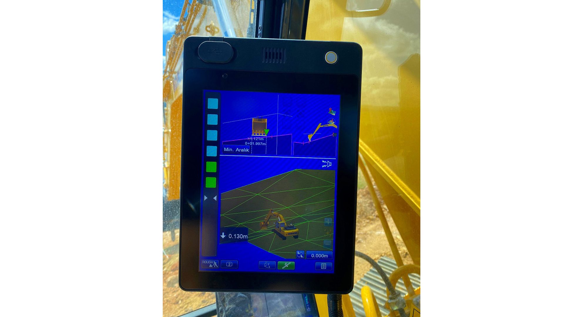 Excavator's digital display shows a 3D terrain map with machine position and data.
