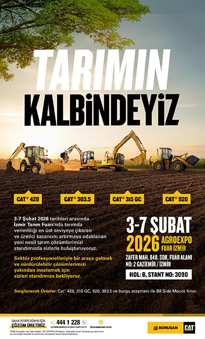 Caterpillar machines on a field promoting Agroexpo Izmir 2026 agriculture fair.