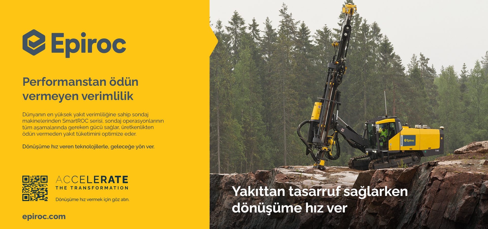 Epiroc SmartROC T45 drilling rig on rocky terrain, emphasizing fuel efficiency and performance.