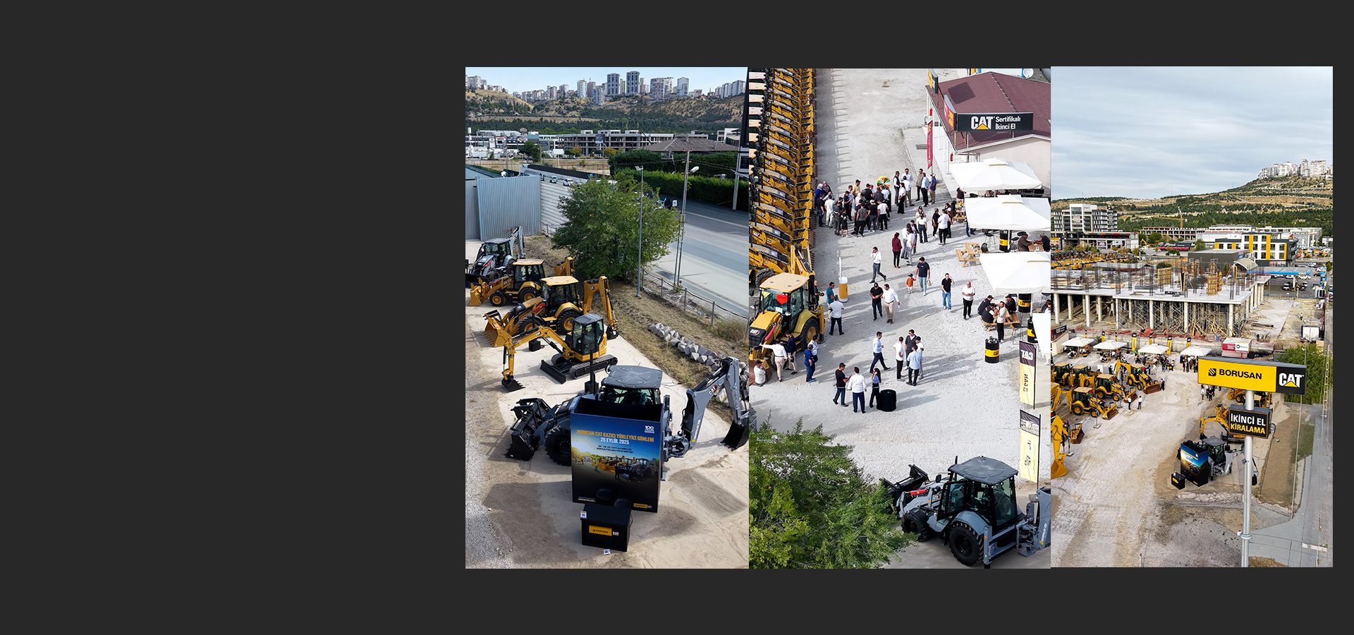 Aerial view of an outdoor CAT construction equipment exhibition with vehicles, people, tents, and signs.