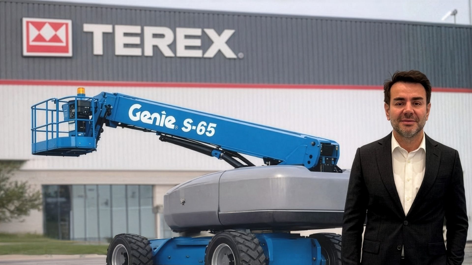 A man in a suit stands next to a blue Genie S-65 boom lift in front of a Terex building.