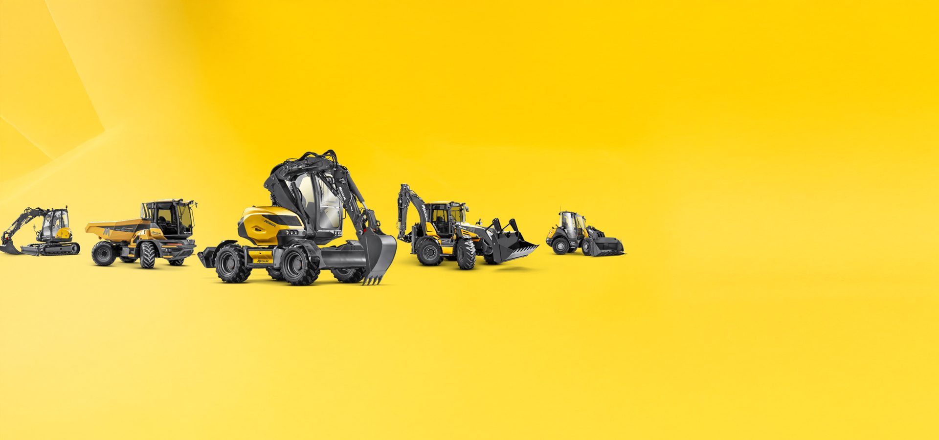 Yellow excavators, dumpers, and loaders lined up on a bright yellow background.