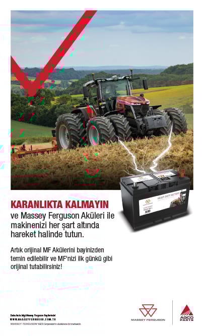 Massey Ferguson tractor in a field, a heavy-duty battery with lightning, promoting MF batteries.