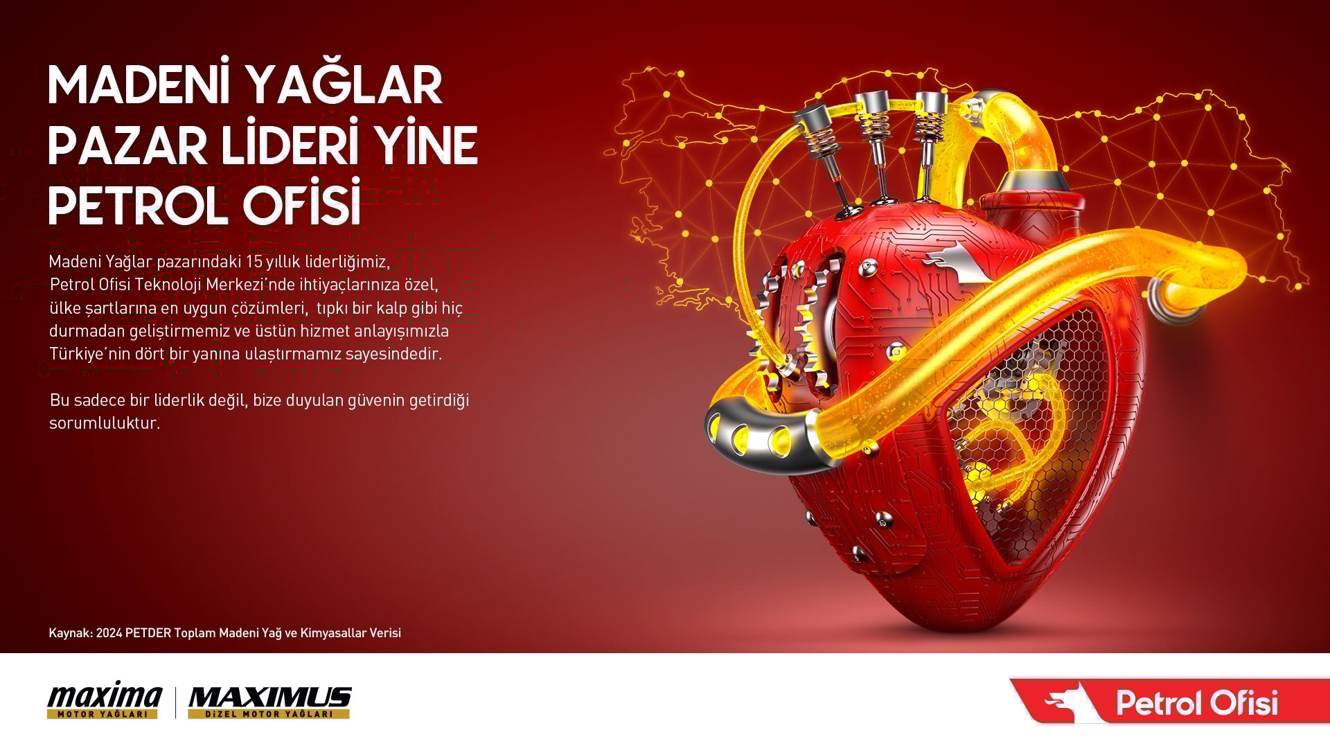 Petrol Ofisi lubricants ad: mechanical heart pumping oil, signifying market leadership in Turkey.