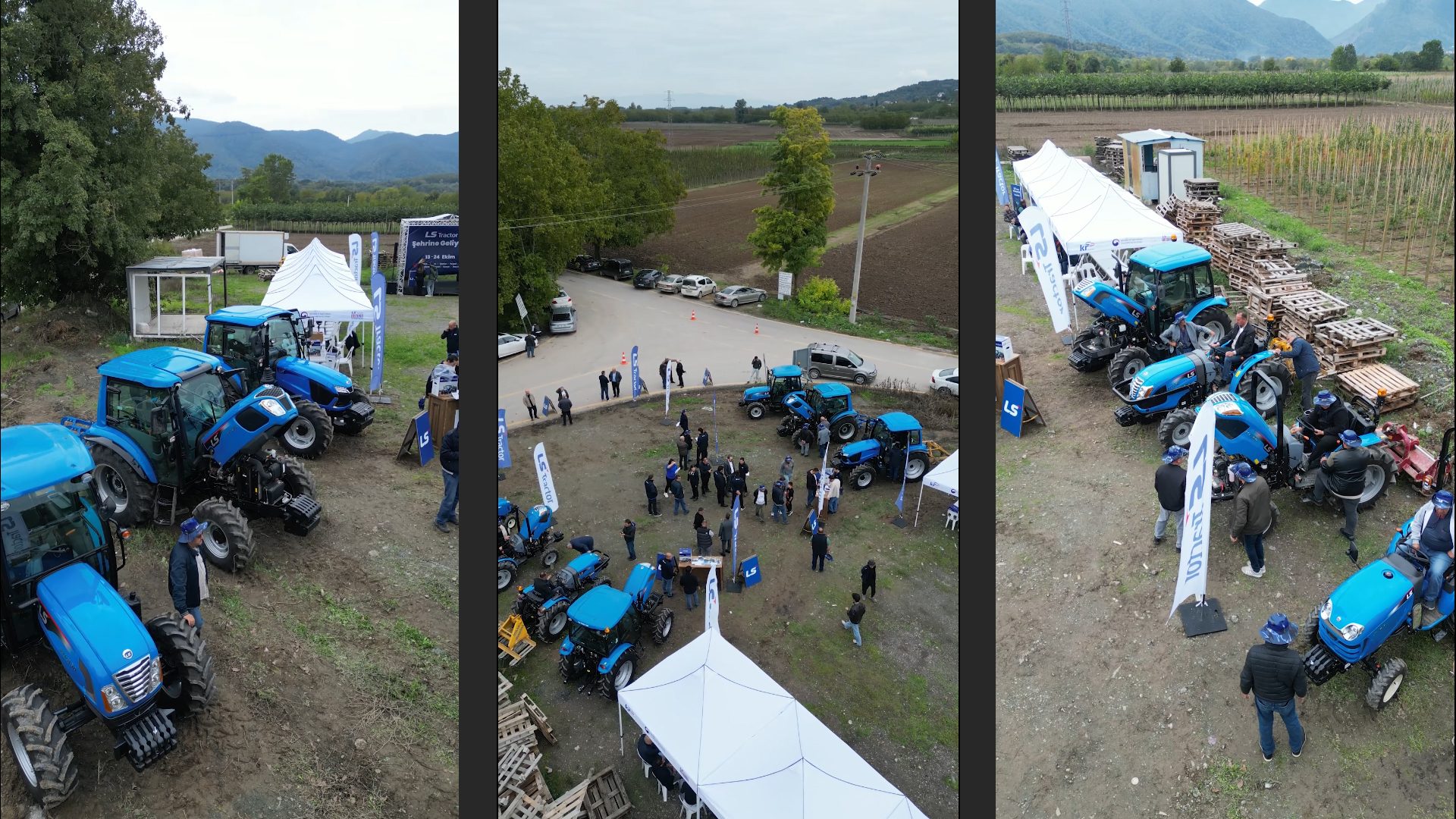 Outdoor LS Tractor event with many blue tractors, people, and tents in a rural field.