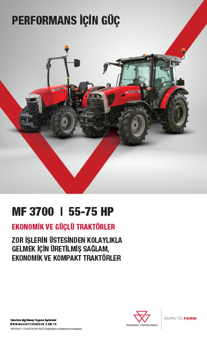 Two red Massey Ferguson MF 3700 tractors (55-75 HP) under "Power for Performance" headline.