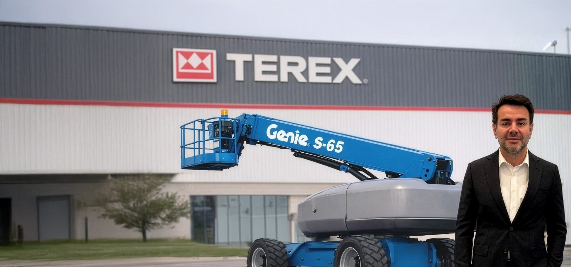 Man in suit standing beside a blue Genie S-65 boom lift with a Terex building in the background.