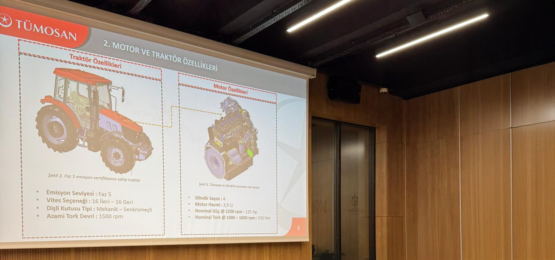 TÜMOSAN presentation slide with motor and tractor features and specifications.