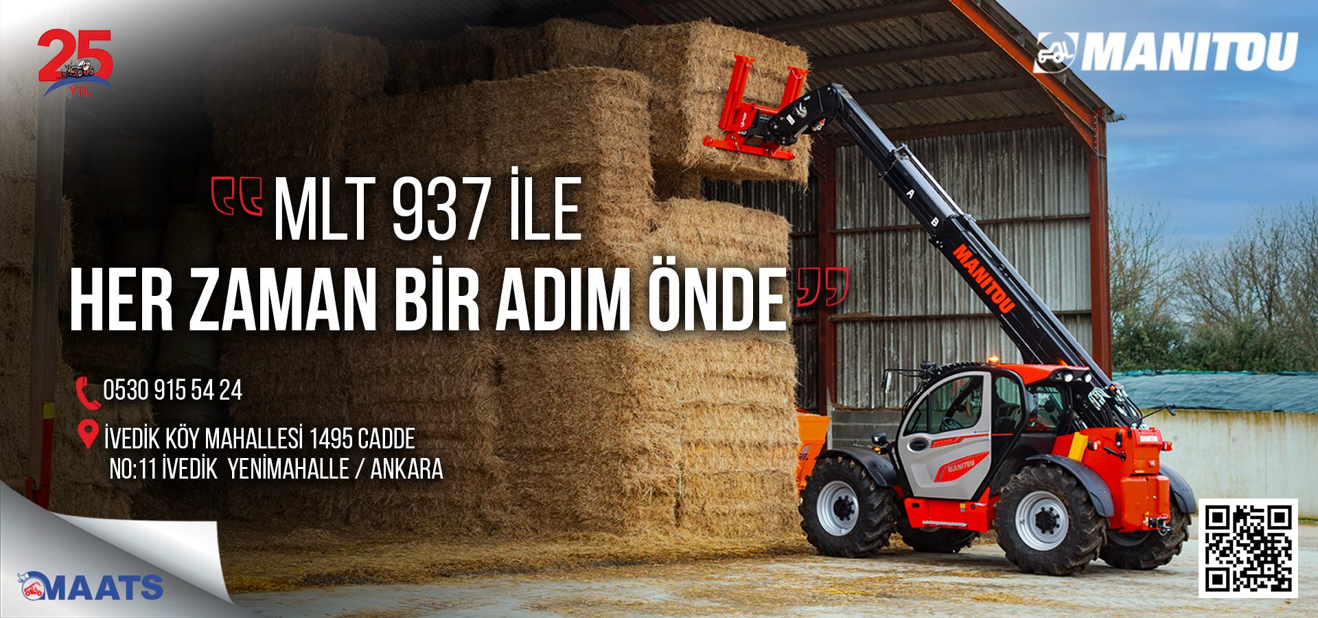Manitou MLT 937 telehandler lifting hay bales in a barn, with contact details and QR code.