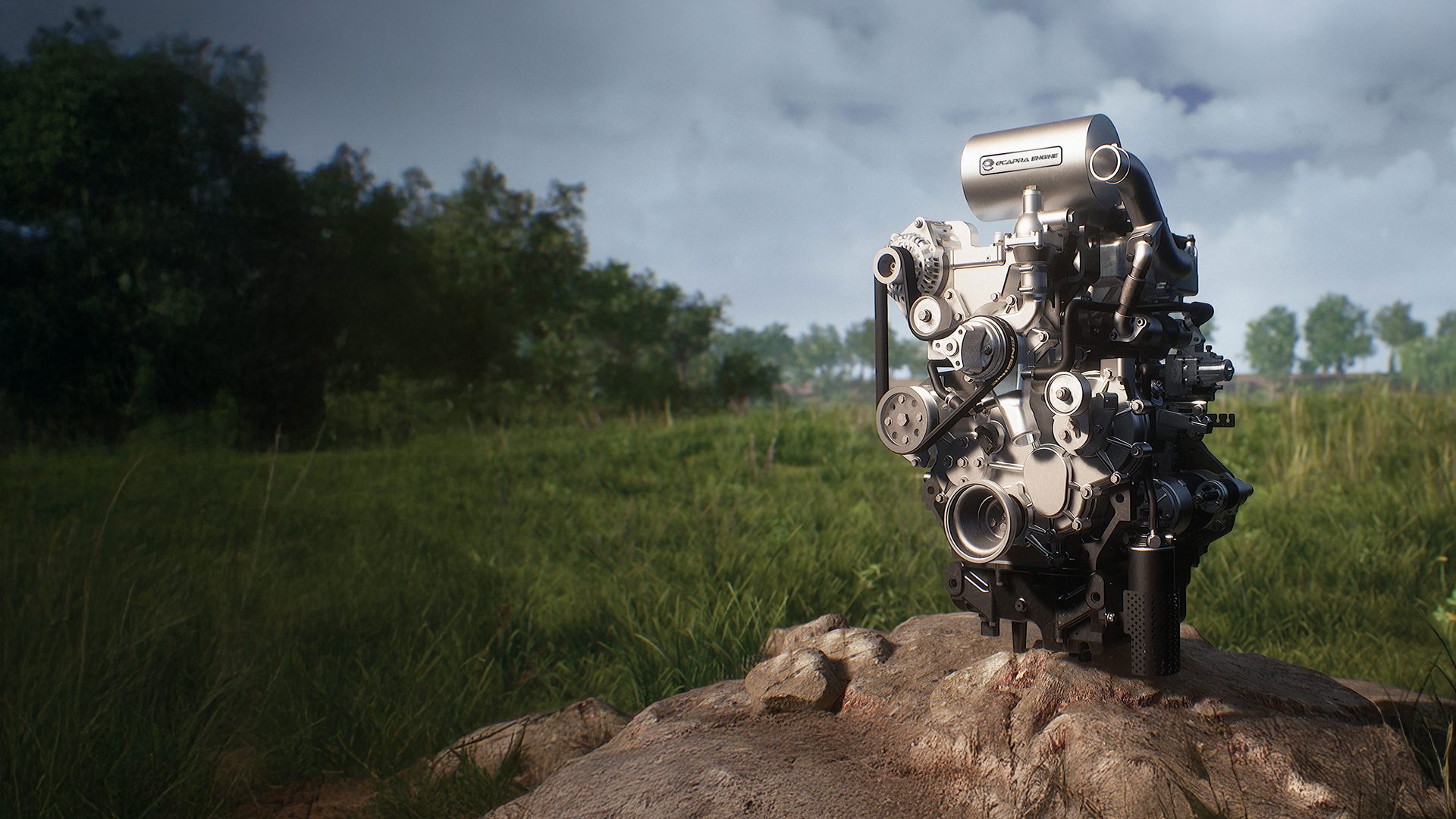 A detailed mechanical engine rests on a rock in a grassy field with trees in the background.
