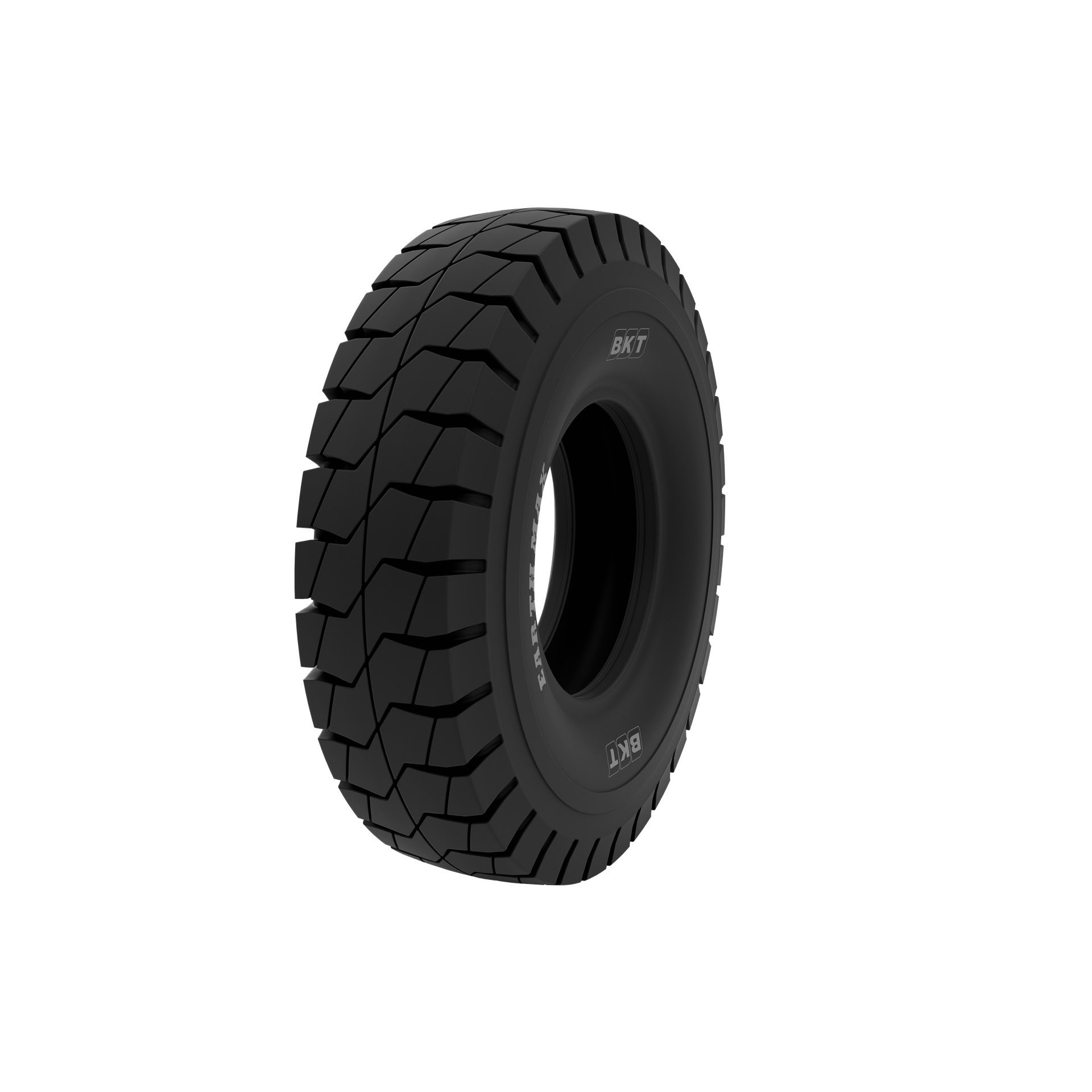Black BKT tire with blocky tread, isolated on a white background.