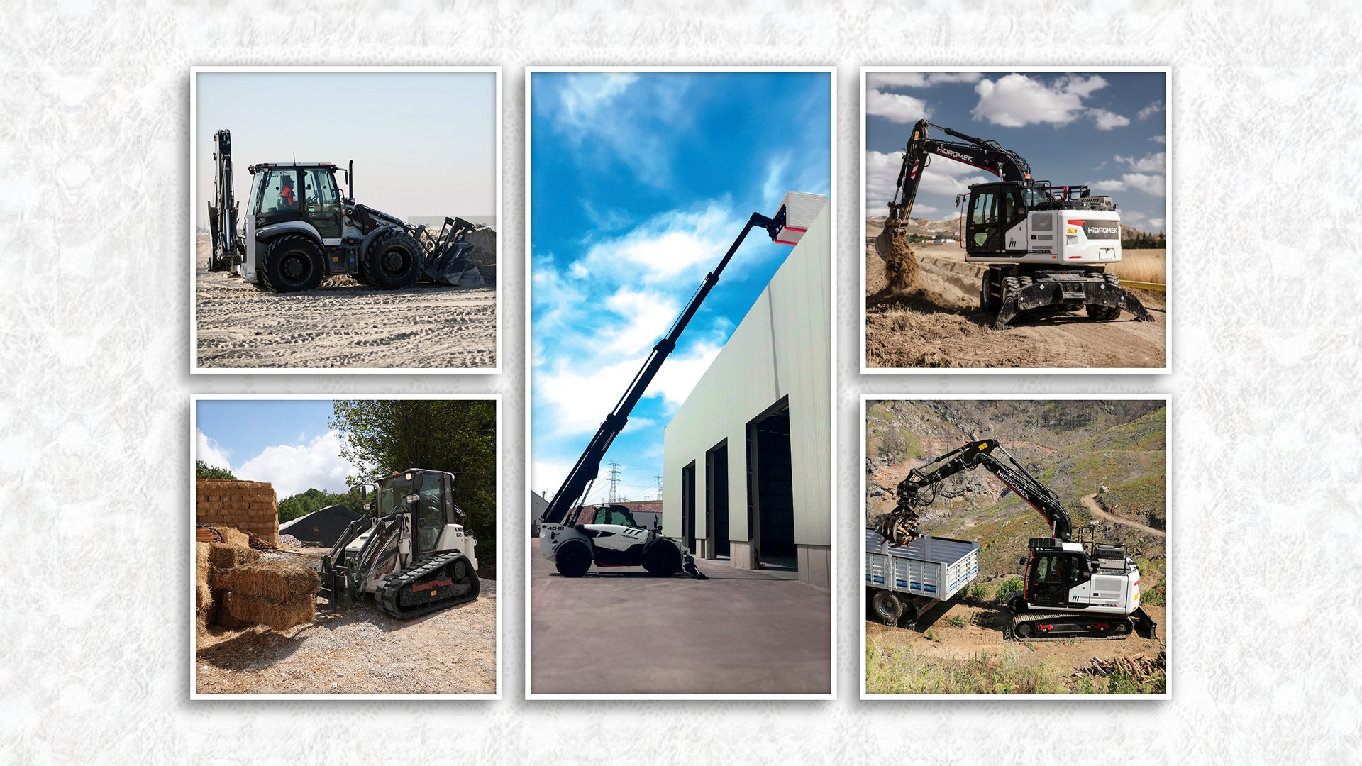 Collage of construction and heavy machinery, including excavators, loaders, and a telehandler.