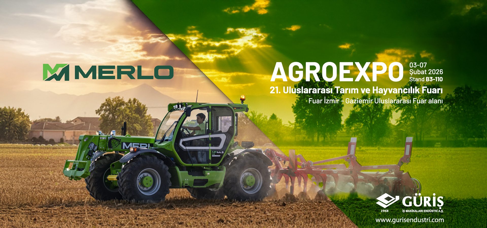 Merlo agricultural machinery, including a telehandler and plough, advertises AGROEXPO with Güriş logo.