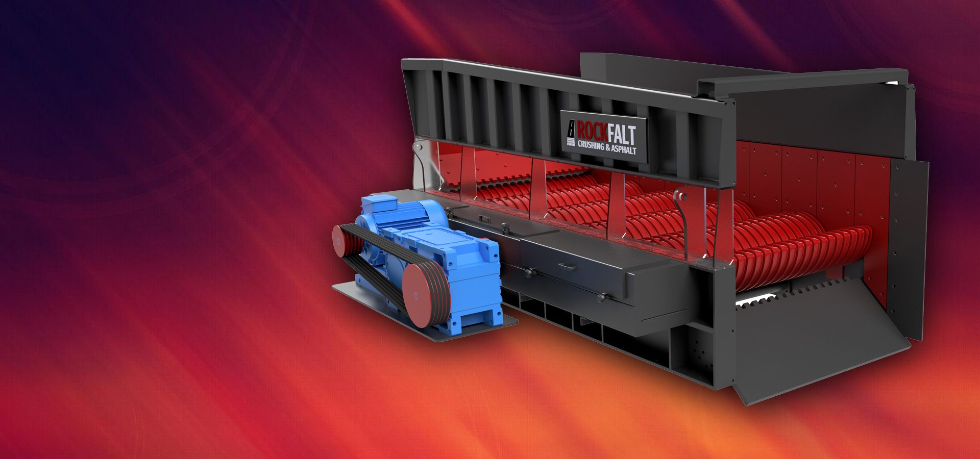 Rockfalt industrial shredder/crusher with a blue motor and red rotating elements on a gradient background.