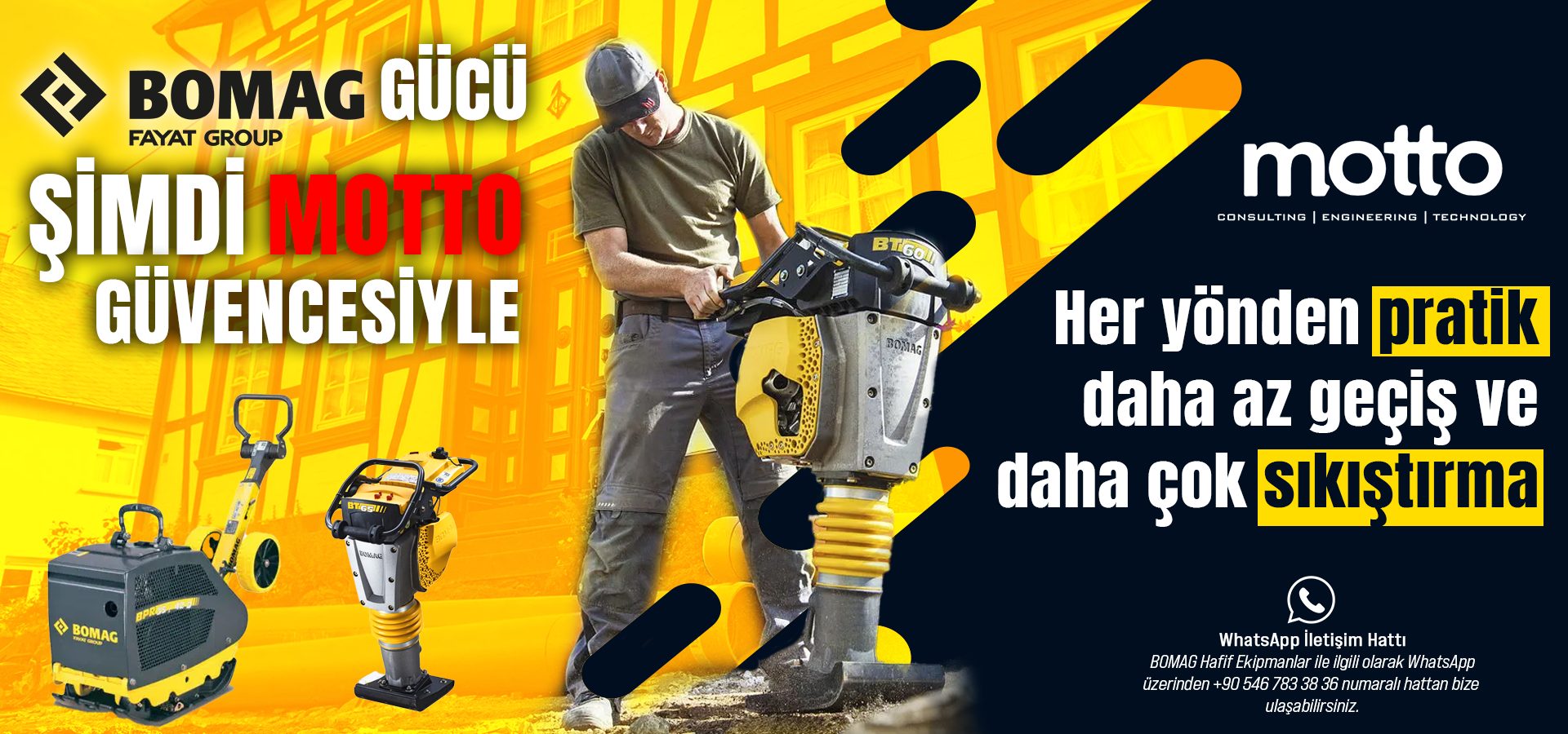 Bomag compaction equipment with a worker, promoting Motto partnership.