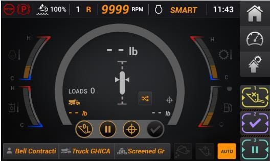 Digital dashboard from heavy machinery with gauges, numbers, and control icons.