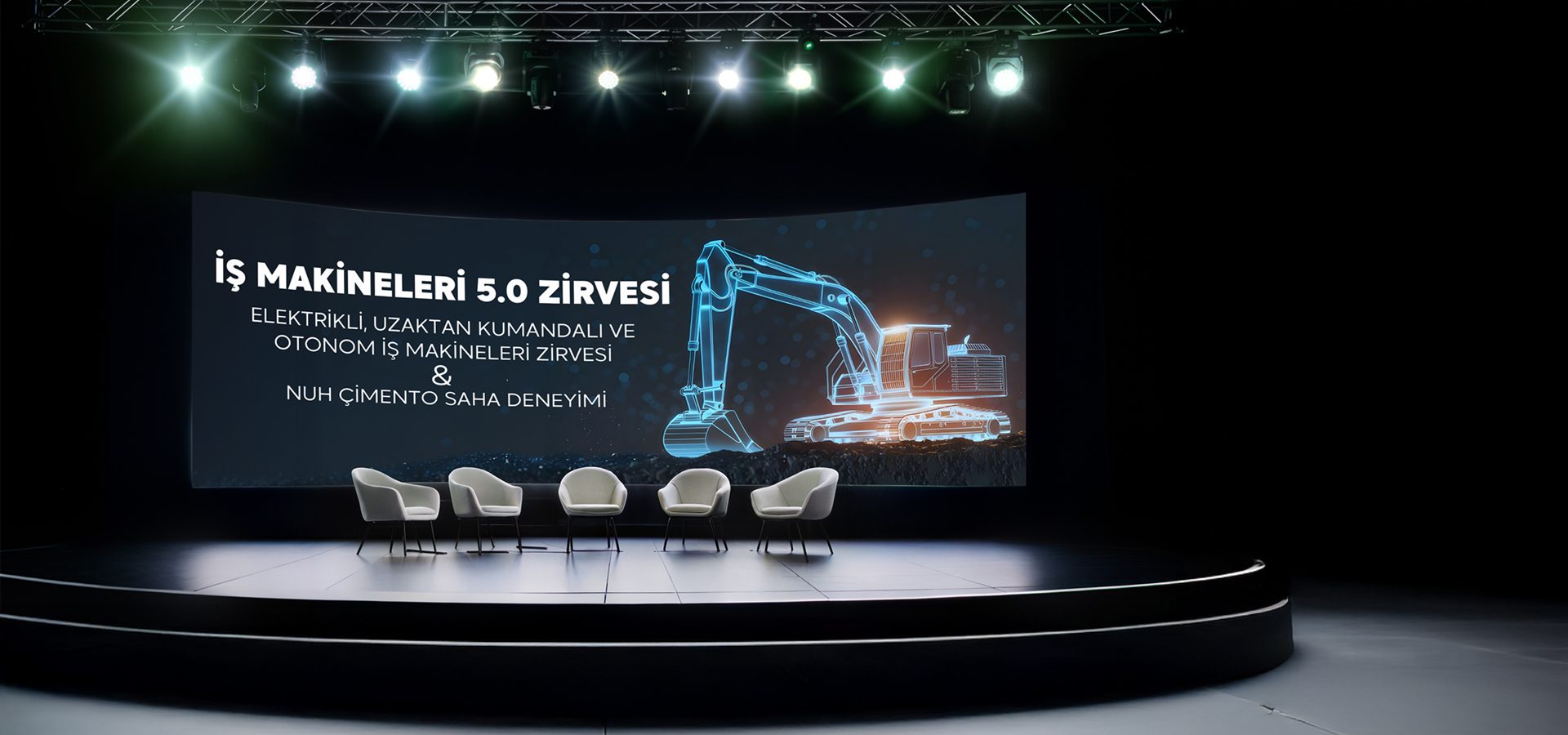 Stage with a large screen displaying "Construction Machinery 5.0 Summit" text and an excavator graphic.