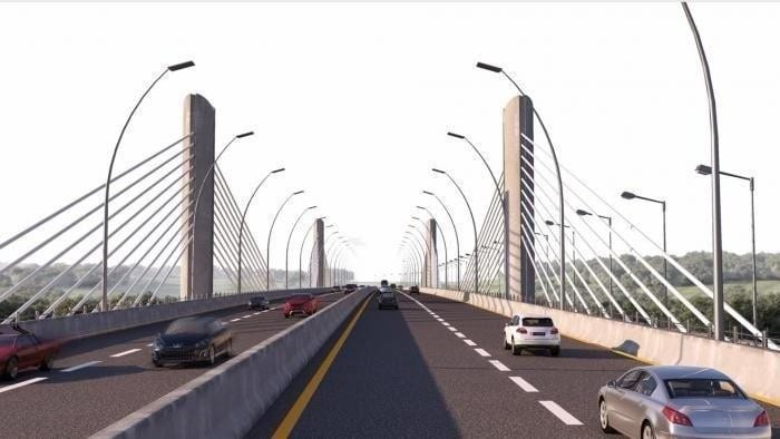 Land vehicle, Street light, Road surface, Tied-arch bridge, Wheel, Sky, Car, Tire, Infrastructure
