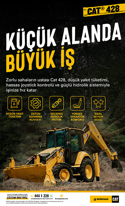 Yellow Cat 428 backhoe loader working, promoted for powerful work in small spaces.