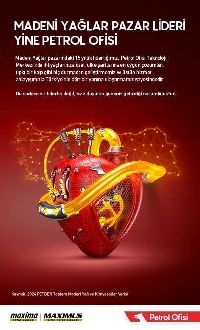 Petrol Ofisi ad: Red mechanical heart over Turkey map, proclaiming mineral oil market leadership.