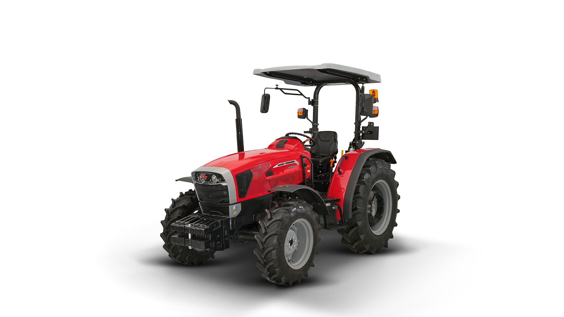 A red Massey Ferguson tractor, viewed from an angle, on a white background.