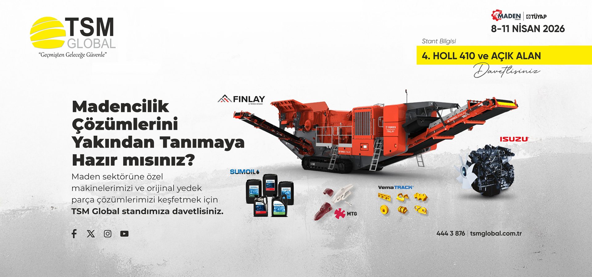 Ad for TSM Global's mining solutions, equipment, and parts at the TÜYAP exhibition.